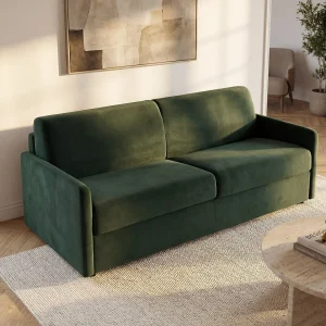 Kanapa 3-osobowa rozkładana typu expres z weluru CALIFE – Butelkowa zieleń – Miejsce do spania 140 cm – Materac 18 cm 129431 Kanapa 3-osobowa rozkładana typu expres z weluru CALIFE – Butelkowa zieleń – Miejsce do spania 140 cm – Materac 18 cm 129431