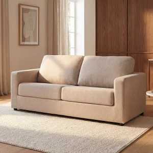 Kanapa 3-osobowa rozkładana typu express z beżową tapicerką – Miejsce do spania 140 cm – Materac 14 cm – DONETO 1657995 Kanapa 3-osobowa rozkładana typu express z beżową tapicerką – Miejsce do spania 140 cm – Materac 14 cm – DONETO 1657995