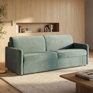 Kanapa 4-osobowa rozkładana typu expres z weluru CALIFE – Miętowa zieleń – Miejsce do spania 160 cm – Materac 14 cm 129463 Kanapa 4-osobowa rozkładana typu expres z weluru CALIFE – Miętowa zieleń – Miejsce do spania 160 cm – Materac 14 cm 129463