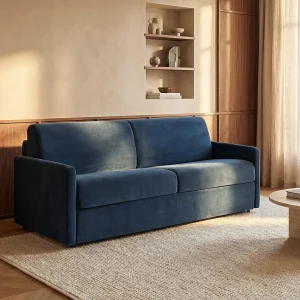 Kanapa CALIFE – rozkładana, 3-osobowa, typu express, welur – kolor granatowy – miejsce do spania 140 cm – materac 14 cm 101879 Kanapa CALIFE – rozkładana, 3-osobowa, typu express, welur – kolor granatowy – miejsce do spania 140 cm – materac 14 cm 101879