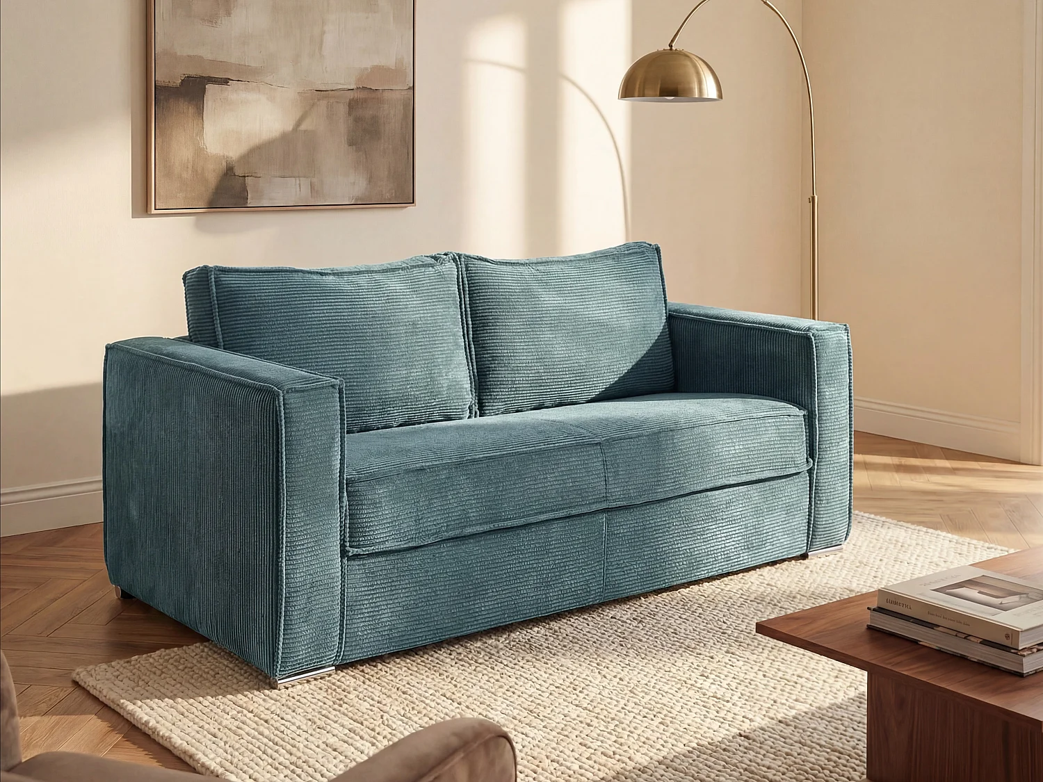 Kanapa 3-osobowa rozkładana typu express z turkusowego sztruksu - Miejsce do spania 140 cm - Materac 22 cm z pamięcią kształtu - LORETO 850095 - obrazek 1