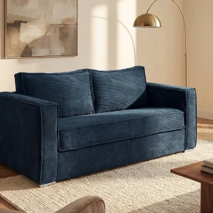 Kanapa 3-osobowa rozkładana typu express z niebieskiego sztruksu – Miejsce do spania z szerokimi listewkami 140 cm – Materac 14 cm – LORETO 849985
