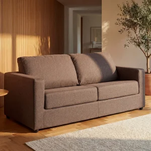 Kanapa 3-osobowa rozkładana typu express z brązową tapicerką – Miejsce do spania 140 cm – Materac 14 cm – DONETO 1657999