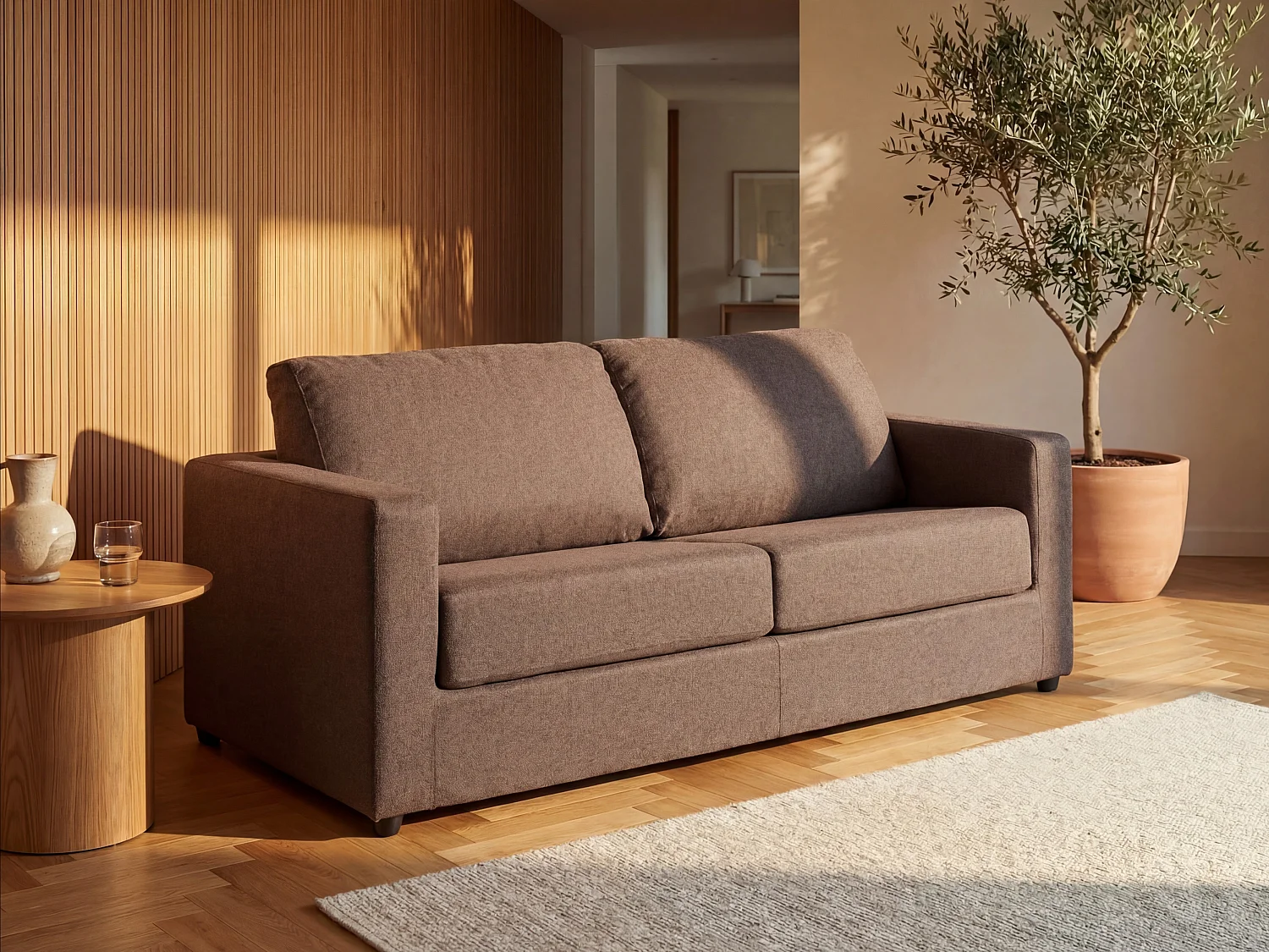 Kanapa 3-osobowa rozkładana typu express z brązową tapicerką - Miejsce do spania 140 cm - Materac 14 cm - DONETO 1657999 - obrazek 1