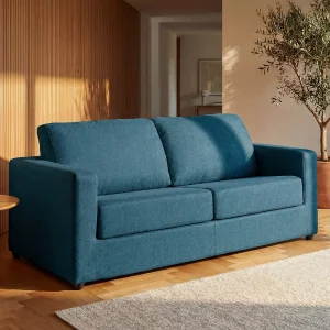 Kanapa 3-osobowa rozkładana typu express z niebieską tapicerką – Miejsce do spania 140 cm – Materac 14 cm – DONETO 1657997
