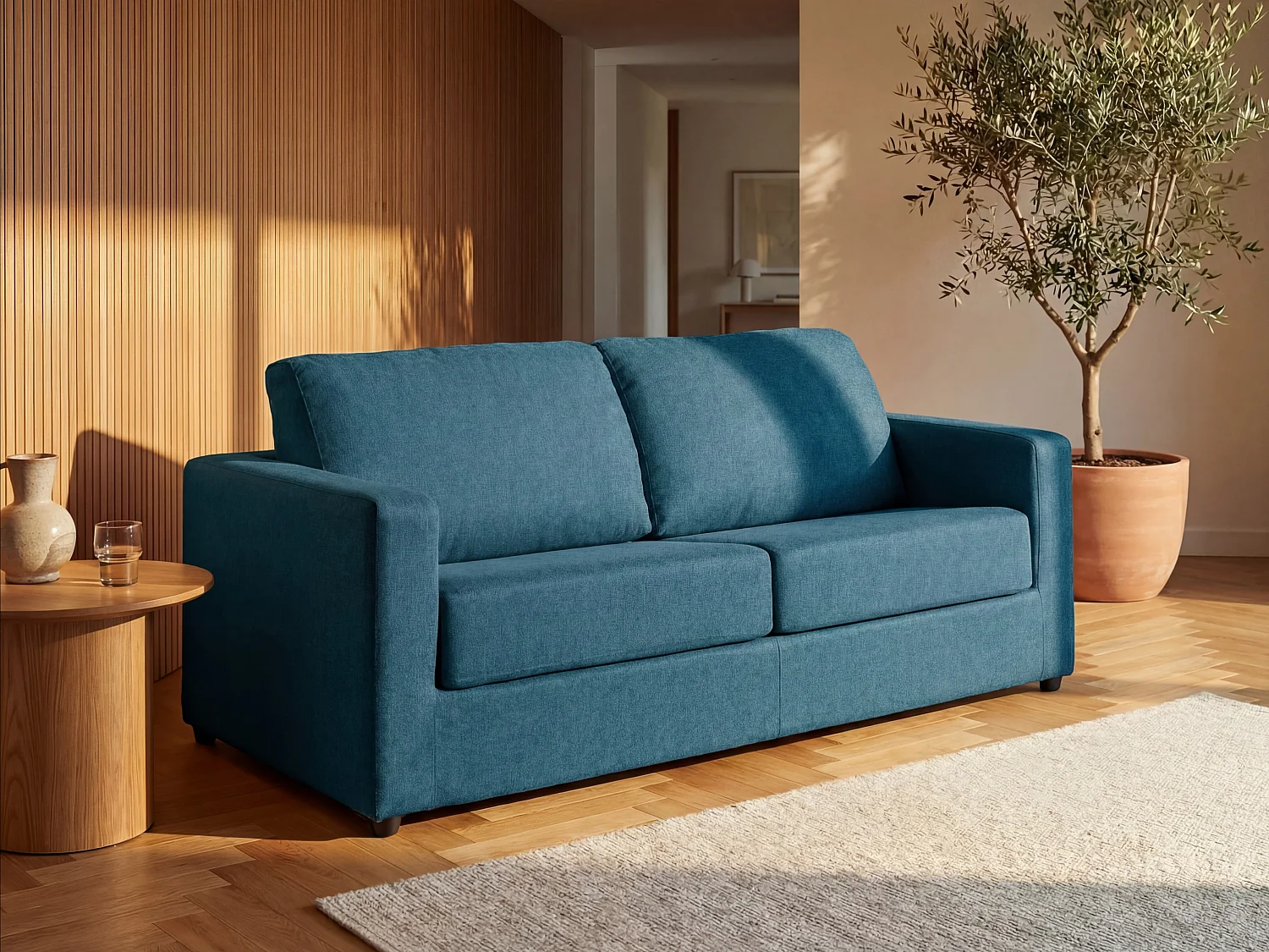 Kanapa 3-osobowa rozkładana typu express z niebieską tapicerką - Miejsce do spania 140 cm - Materac 14 cm - DONETO 1657997 - obrazek 1