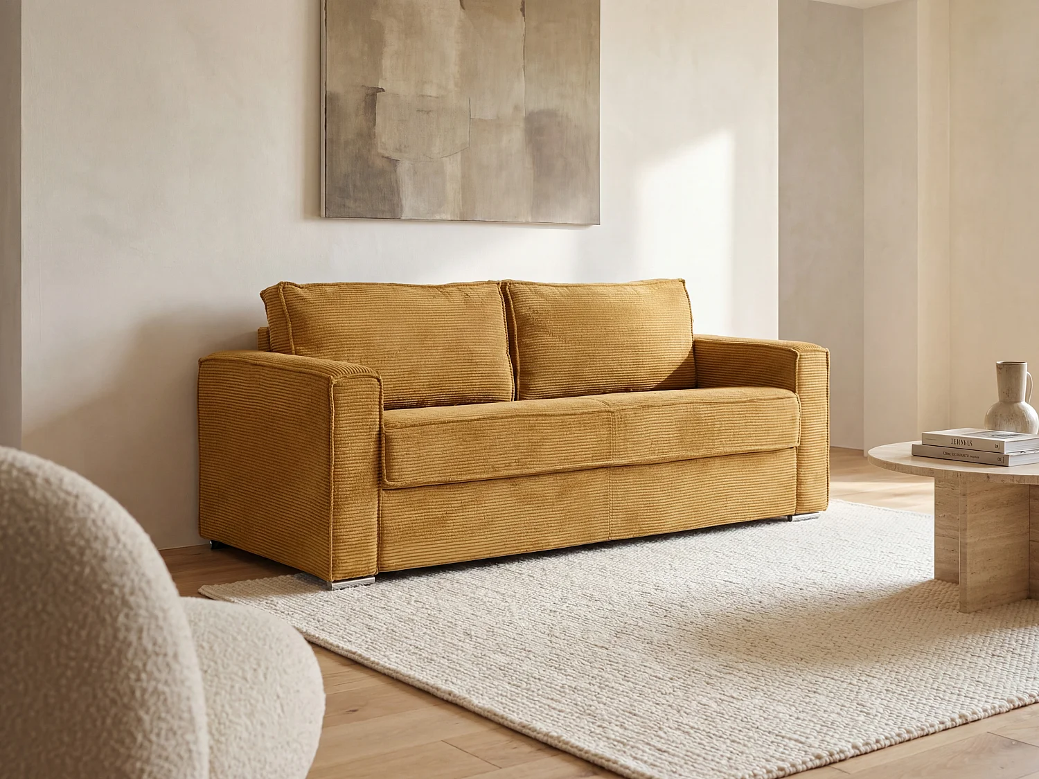 Kanapa 3-osobowa rozkładana typu express z żółtego musztardowego sztruksu - Miejsce do spania 140 cm - Materac 18 cm - LORETO 3296273 - obrazek 1