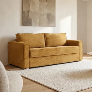 Kanapa 3-osobowa rozkładana typu express z żółtego musztardowego sztruksu – Miejsce do spania 140 cm – Materac 22 cm z pamięcią kształtu – LORETO 3296275 Kanapa 3-osobowa rozkładana typu express z żółtego musztardowego sztruksu – Miejsce do spania 140 cm – Materac 22 cm z pamięcią kształtu – LORETO 3296275