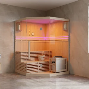 Narożna szklana sauna fińska przeszklona z oświetleniem LED – 3/4 osoby – S150 x G150 x W200 – KALSOY 3178641