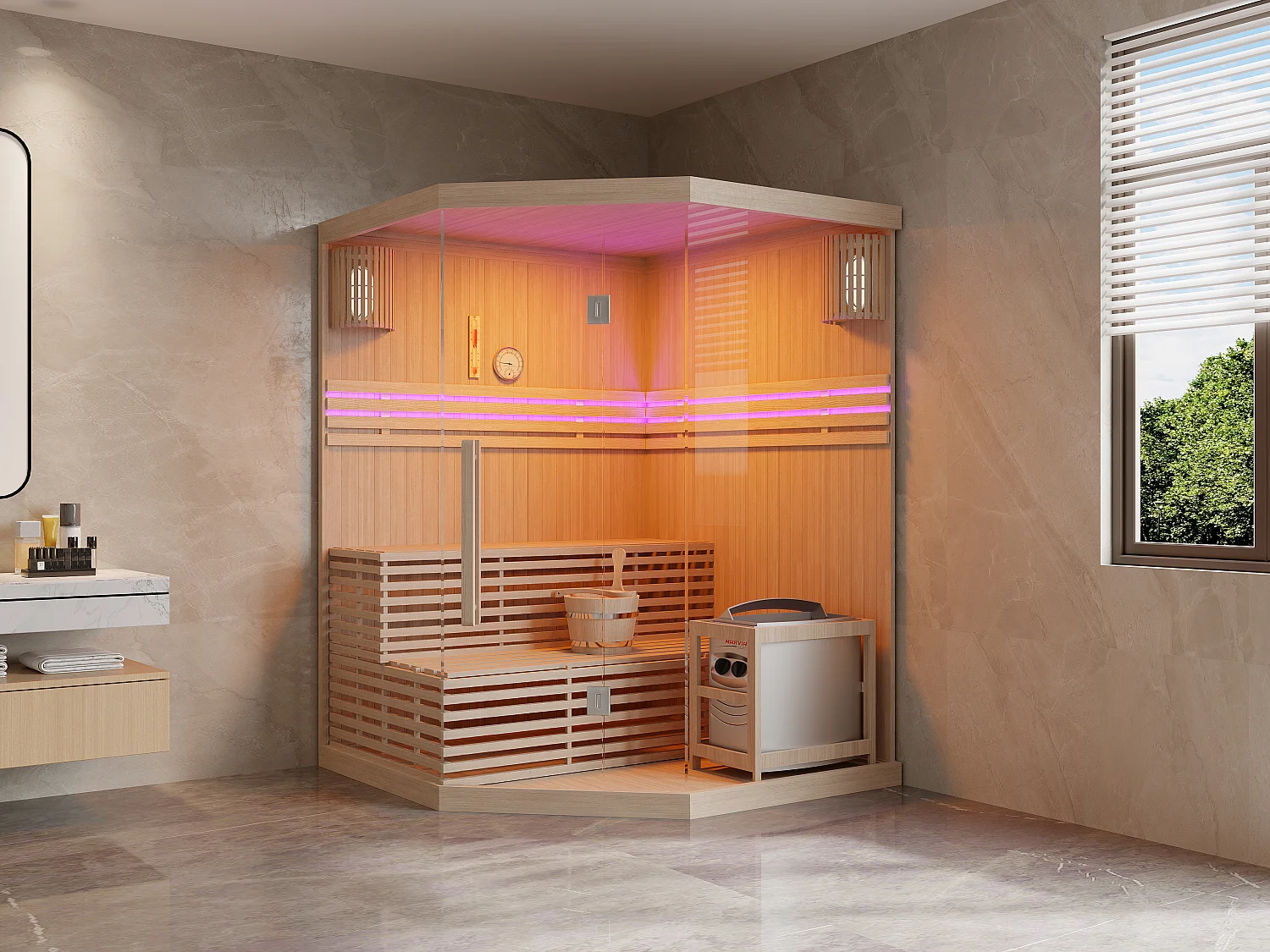 Narożna szklana sauna fińska przeszklona z oświetleniem LED - 3/4 osoby - S150 x G150 x W200 - KALSOY 3178641 - obrazek 1