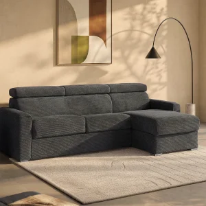 Kanapa narożna dwustronna rozkładana typu express z antracytowego sztruksu – Miejsce do spania z szerokimi listewkami 140 cm – Materac 18 cm – VIZIR 1650769