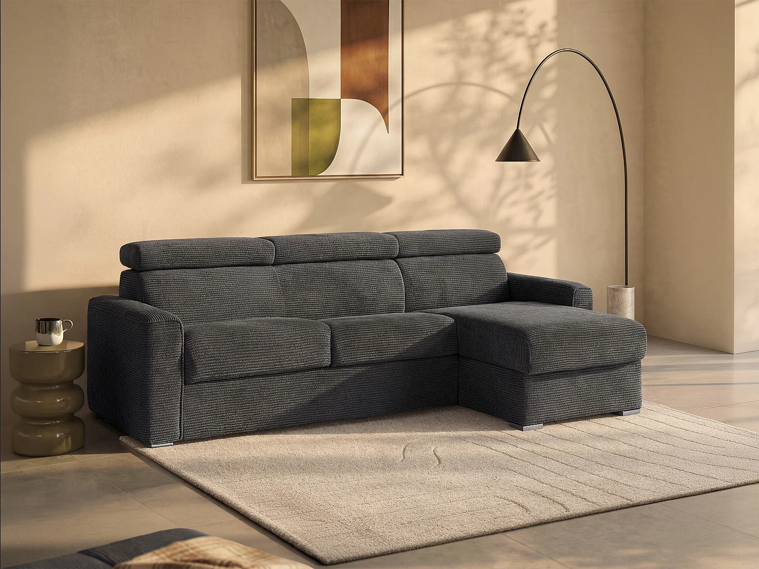 Kanapa narożna dwustronna rozkładana typu express z antracytowego sztruksu - Miejsce do spania z szerokimi listewkami 160 cm - Materac 22 cm - VIZIR 1652959 - obrazek 1