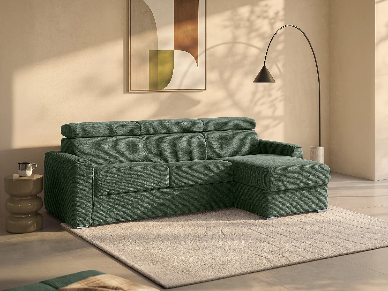 Kanapa narożna dwustronna rozkładana typu express z zielonego sztruksu - Miejsce do spania z szerokimi listewkami 140 cm - Materac 14 cm - VIZIR 1636081 - obrazek 1