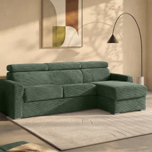 Kanapa narożna dwustronna rozkładana typu express z zielonego sztruksu – Miejsce do spania z szerokimi listewkami 140 cm – Materac 18 cm – VIZIR 1650765 Kanapa narożna dwustronna rozkładana typu express z zielonego sztruksu – Miejsce do spania z szerokimi listewkami 140 cm – Materac 18 cm – VIZIR 1650765