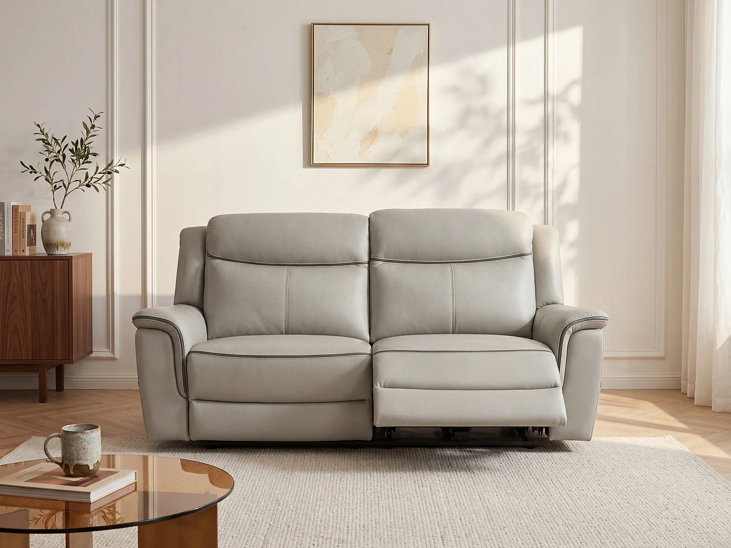 Kanapa 3-osobowa z elektryczną funkcją relax z jasnoszarej skóry - ADELIO 817325 - obrazek 1