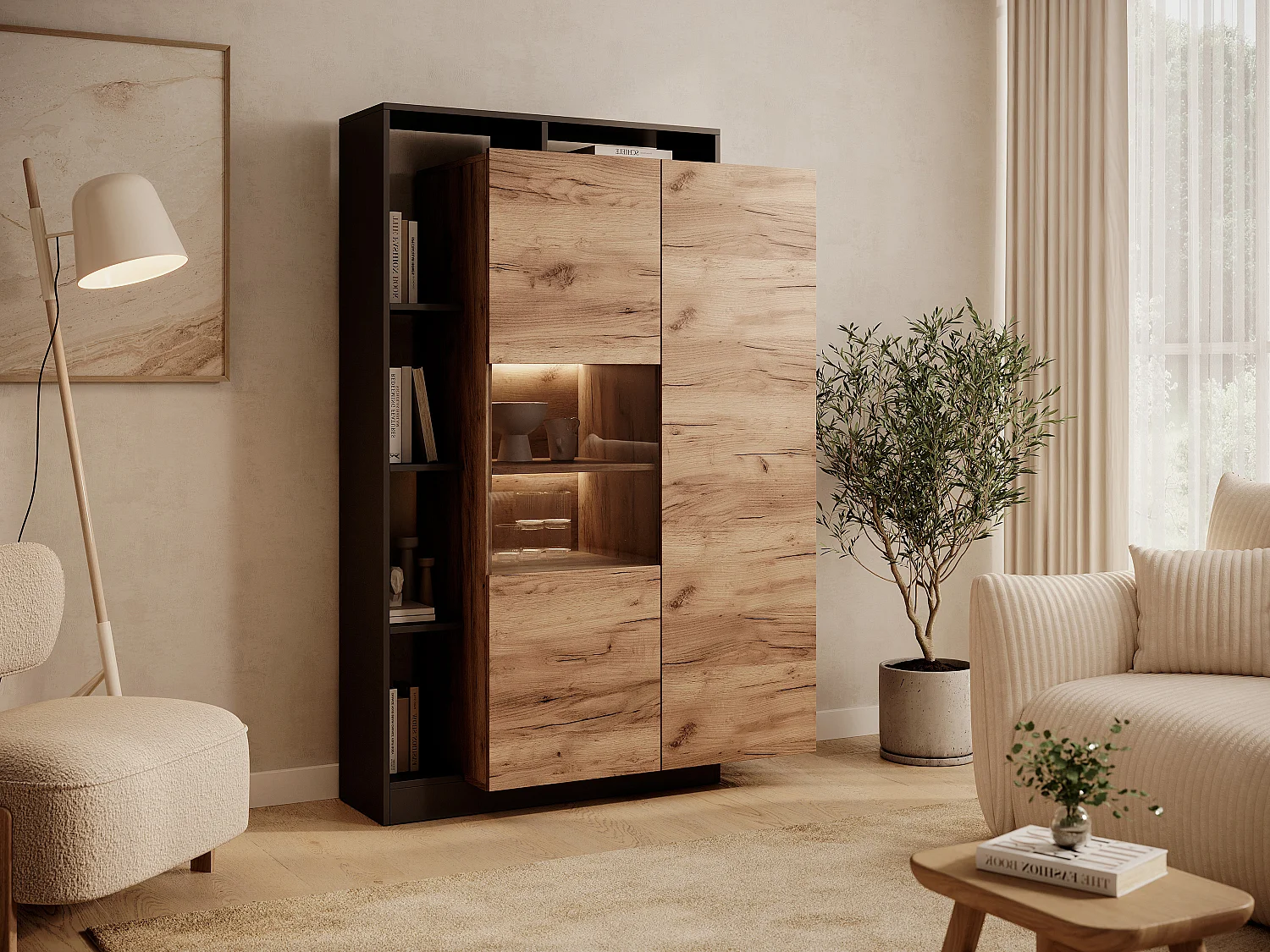 Witryna 2-drzwiowa z 5 wnękami i oświetleniem LED - Jasny naturalny i antracyt - IDESIA 4823936 - obrazek 1
