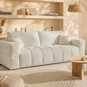 Kanapa 4-osobowa typu expressz beżowej bukli – Miejsce do spania 160 cm – Materac 13 cm – ISSORO 3878416
