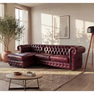Kanapa narożna BRENTON ze 100% skóry bawolej Chesterfield – Wiśnia – narożnik lewostronny 112875 Kanapa narożna BRENTON ze 100% skóry bawolej Chesterfield – Wiśnia – narożnik lewostronny 112875