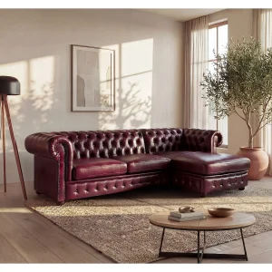 Kanapa narożna BRENTON ze 100% skóry bawolej Chesterfield – Wiśnia – narożnik prawostronny 112877 Kanapa narożna BRENTON ze 100% skóry bawolej Chesterfield – Wiśnia – narożnik prawostronny 112877