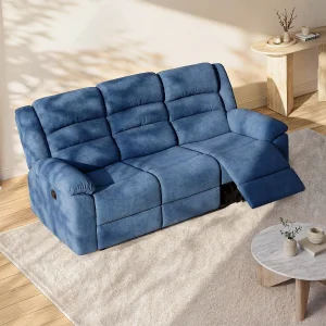 Kanapa 3 osobowa z funkcją relax elektryczna z niebieską tapicerką – BUROLO 576793