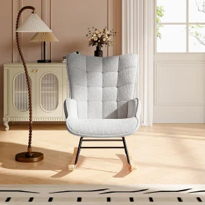 Jasnoszary fotel bujany z tkaniny teddy pikowany, czarna metalowa konstrukcja i nogi z drewna bukowego, nowoczesny design 4871347 Jasnoszary fotel bujany z tkaniny teddy pikowany, czarna metalowa konstrukcja i nogi z drewna bukowego, nowoczesny design 4871347