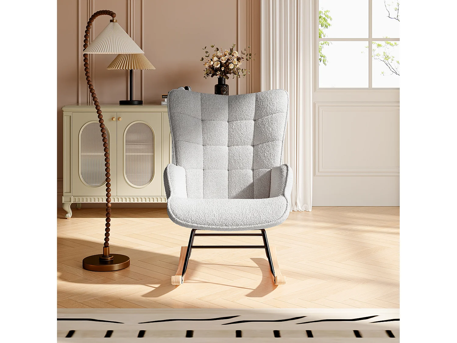 Jasnoszary fotel bujany z tkaniny teddy pikowany, czarna metalowa konstrukcja i nogi z drewna bukowego, nowoczesny design 4871347 - obrazek 1