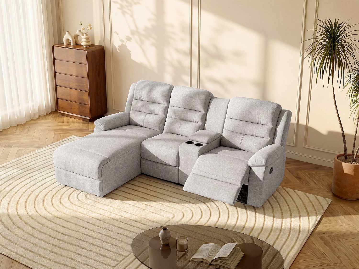 Kanapa narożna lewostronna z funkcją relax z tkaniny beżowej MACEDONIA 132647 - obrazek 1