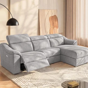 Kanapa narożna PEDRERA z funkcją relax, z tkaniny w kolorze jasnoszarym – prawoskrętna 125149