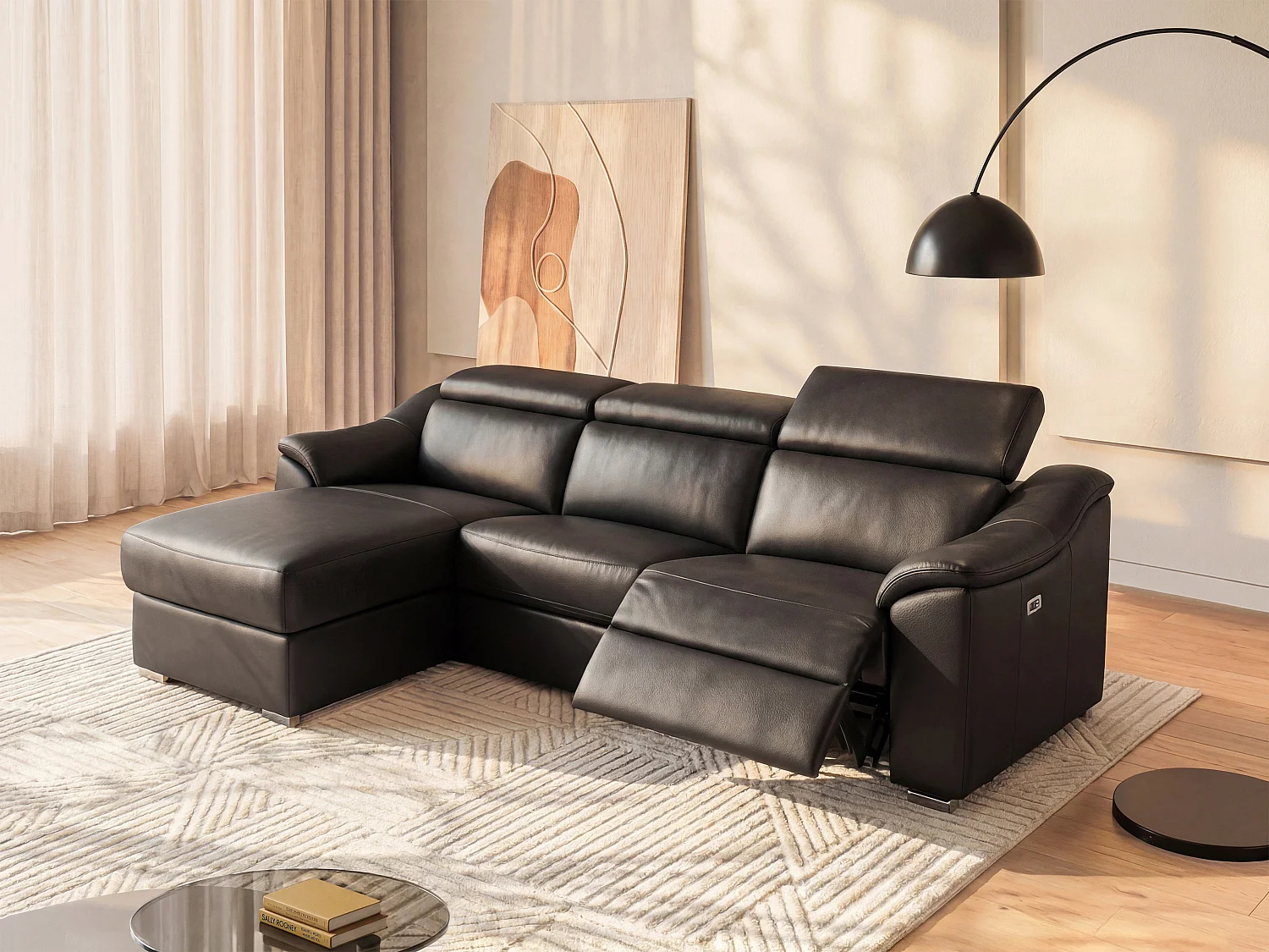 Kanapa narożna PEDRERA z elektryczną funkcją relax, ze skóry typu superior w kolorze czarnym – lewostronna 125155 - obrazek 1