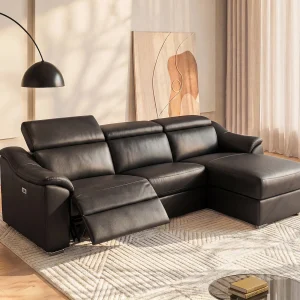 Kanapa narożna PEDRERA z elektryczną funkcją relax, ze skóry typu superior w kolorze czarnym – prawostronna 125157