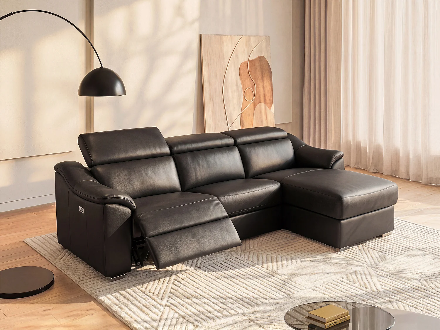 Kanapa narożna PEDRERA z elektryczną funkcją relax, ze skóry typu superior w kolorze czarnym – prawostronna 125157 - obrazek 1