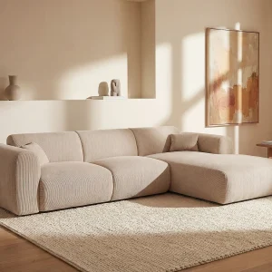 Duża kanapa narożna prawostronna z beżowej tkaniny POGNI marki Maison Céphy 613003 Duża kanapa narożna prawostronna z beżowej tkaniny POGNI marki Maison Céphy 613003