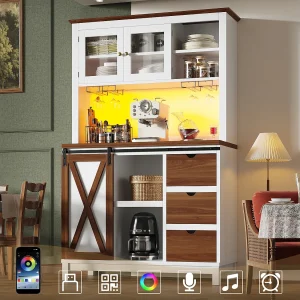Inteligentna szafka kuchenna 104x180cm z LED – wysoka szafka z drzwiami przesuwnymi w stylu stodoły, 3 szuflady – biały 4987486 Inteligentna szafka kuchenna 104x180cm z LED – wysoka szafka z drzwiami przesuwnymi w stylu stodoły, 3 szuflady – biały 4987486