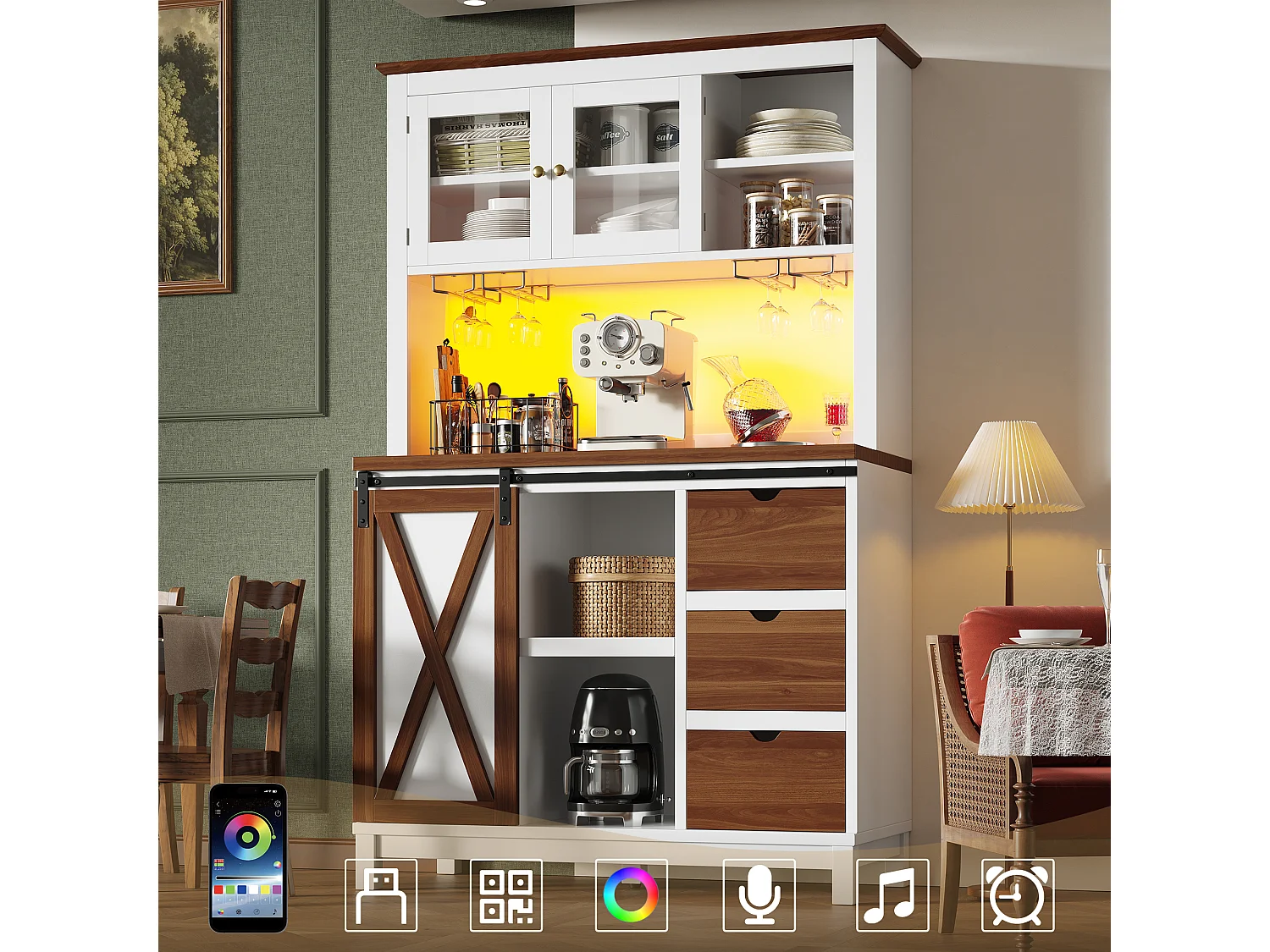 Inteligentna szafka kuchenna 104x180cm z LED - wysoka szafka z drzwiami przesuwnymi w stylu stodoły, 3 szuflady - biały 4987486 - obrazek 1