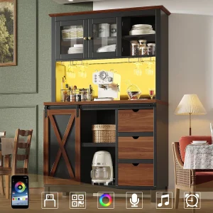 Inteligentna szafka kuchenna 104x180cm z LED – wysoka szafka z drzwiami przesuwnymi w stylu stodoły, 3 szuflady – brązowy 4987522 Inteligentna szafka kuchenna 104x180cm z LED – wysoka szafka z drzwiami przesuwnymi w stylu stodoły, 3 szuflady – brązowy 4987522