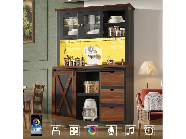 Inteligentna szafka kuchenna 104x180cm z LED – wysoka szafka z drzwiami przesuwnymi w stylu stodoły, 3 szuflady – brązowy 4987522 Inteligentna szafka kuchenna 104x180cm z LED – wysoka szafka z drzwiami przesuwnymi w stylu stodoły, 3 szuflady – brązowy 4987522