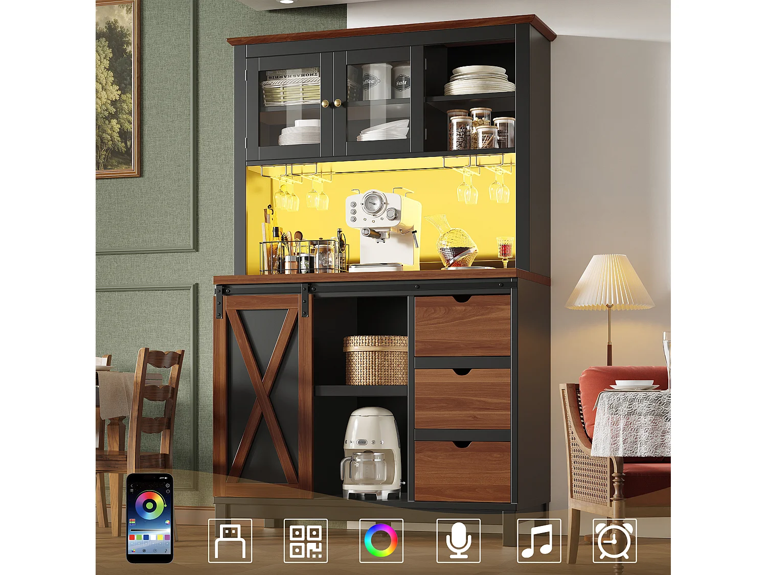 Inteligentna szafka kuchenna 104x180cm z LED - wysoka szafka z drzwiami przesuwnymi w stylu stodoły, 3 szuflady - brązowy 4987522 - obrazek 1