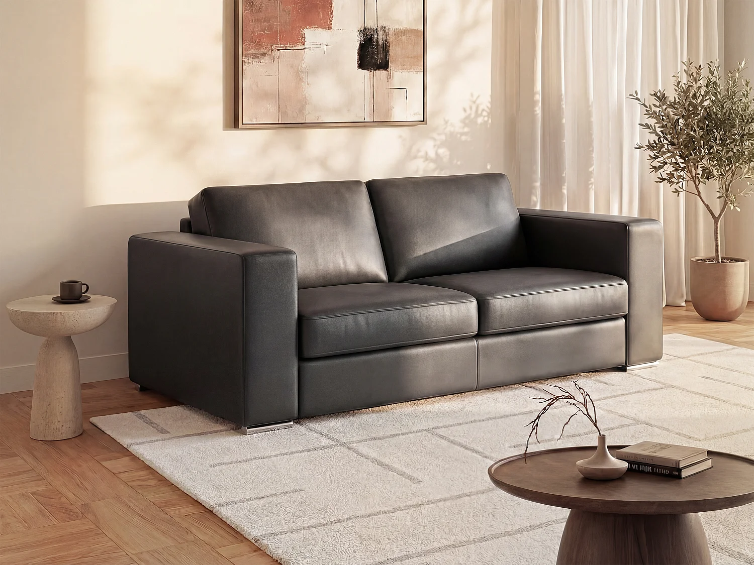 Kanapa 3-osobowa z ekspresowym mechanizmem rozkładania z ekoskóry CALITO - Czarny - Wymiary miejsca do spania: 140 cm - Materac 18 cm 129577 - obrazek 1