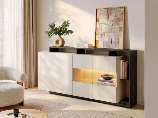 Komoda 4-drzwiowa z 4 wnękami i oświetleniem LED – Beżowa i Ciemna Naturalna – IDESIA 4281269