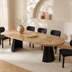 Stół do jadalni rozkładany dla 4 do 12 osób z MDF i czarnego metalu – Naturalny jasny – JARELIA 2389475 Stół do jadalni rozkładany dla 4 do 12 osób z MDF i czarnego metalu – Naturalny jasny – JARELIA 2389475