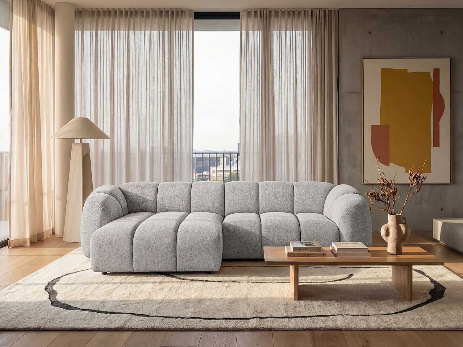 Kanapa narożna Mali Design 280 x 150 cm | Kanapa w kształcie litery L z wysokiej jakości tkaniny strukturalnej Puente | 06 jasnoszara | Puf po lewej stronie 5011279 - obrazek 1