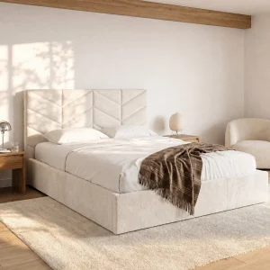 Łóżko ze skrzynią 160 x 200 cm – Tkanina teksturowana – Kremowy + Materac – JUSTANI 4883839 Łóżko ze skrzynią 160 x 200 cm – Tkanina teksturowana – Kremowy + Materac – JUSTANI 4883839