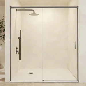 Kabina prysznicowa frontowa z 1 drzwiami i 1 panelem stałym przesuwnym | Szkło 6 mm z powłoką | Profil Black Gun Metal 125cm (adap. 121,1-126) 5038629 Kabina prysznicowa frontowa z 1 drzwiami i 1 panelem stałym przesuwnym | Szkło 6 mm z powłoką | Profil Black Gun Metal 125cm (adap. 121,1-126) 5038629