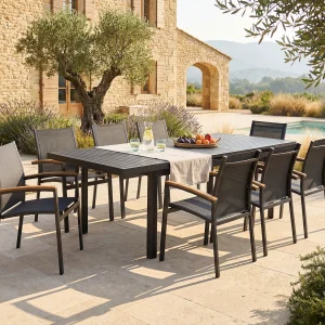 Jadalnia ogrodowa z aluminium: rozkładany stół o długości 180/240 cm i 8 sztaplowanych foteli – kolor antracytowy – NAURU 114881 Jadalnia ogrodowa z aluminium: rozkładany stół o długości 180/240 cm i 8 sztaplowanych foteli – kolor antracytowy – NAURU 114881