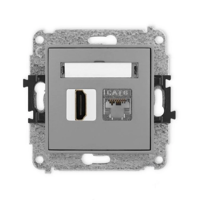 MINI Mechanizm gniazda pojedynczego HDMI 2.0, 4K + gniazda komp. poj. 1xRJ45, kat. 6, ekranowany, 8‑stykowy szary mat 27MGHK‑46 - obrazek 1