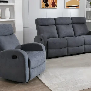 Kanapa 3-osobowa i fotel z funkcją relax z szarej tkaniny EVELYN 528323