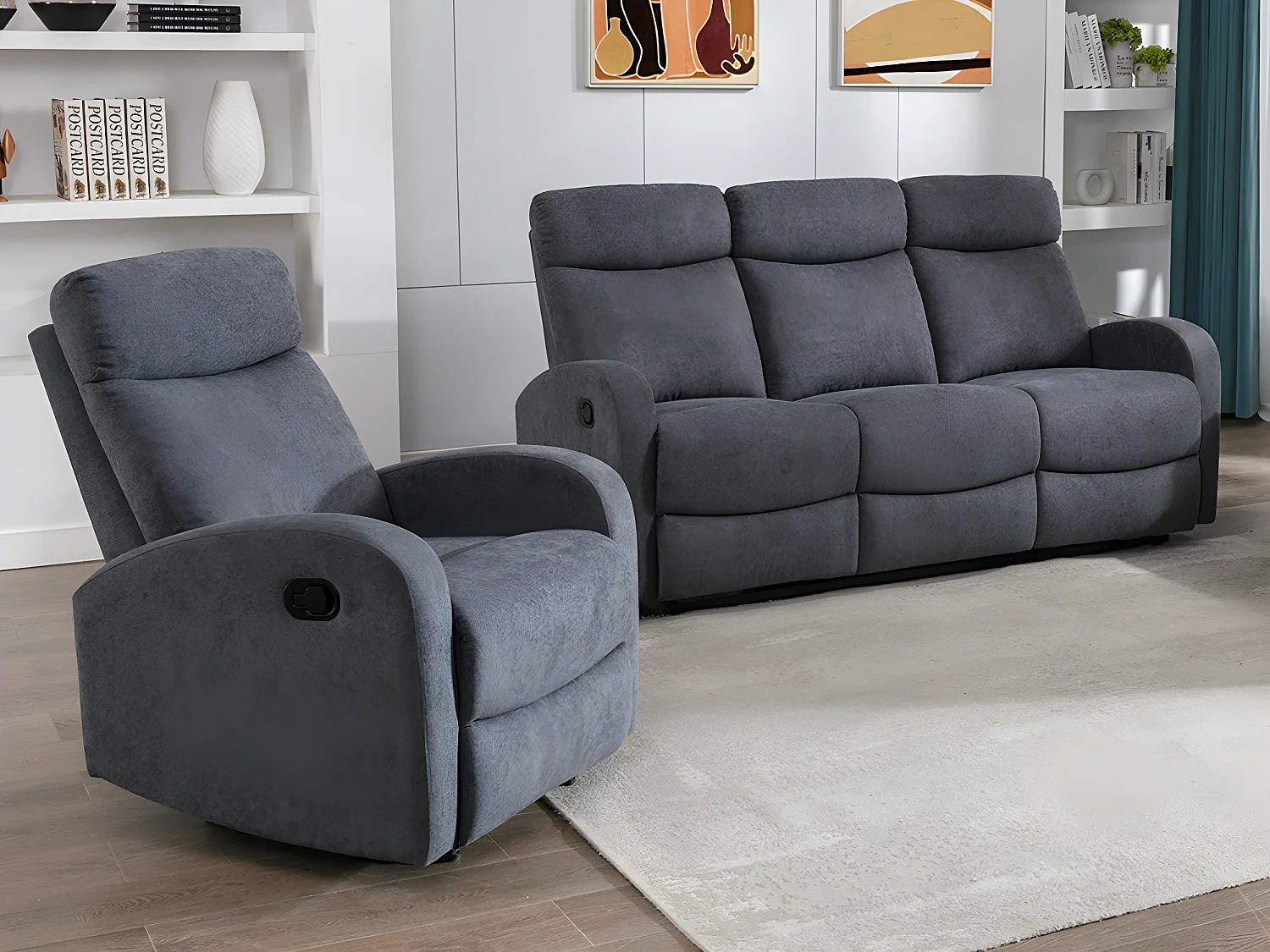 Kanapa 3-osobowa i fotel z funkcją relax z szarej tkaniny EVELYN 528323 - obrazek 1