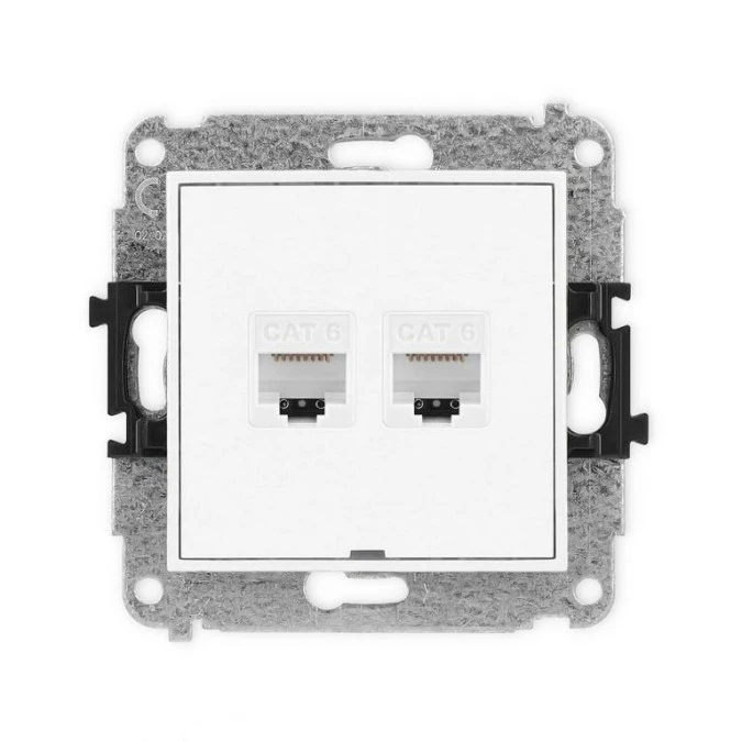 MINI Mechanizm gniazda komputerowego podwójnego 2xRJ45, kat. 6, 8‑stykowy, bez pola opisowego biały mat 25MGKBO‑4 - obrazek 1