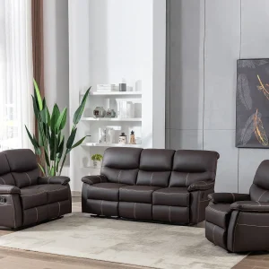 Kanapa 3+2-osobowa oraz fotel z funkcją relax z ekoskóry w kolorze brązowym CANBY 537751 Kanapa 3+2-osobowa oraz fotel z funkcją relax z ekoskóry w kolorze brązowym CANBY 537751