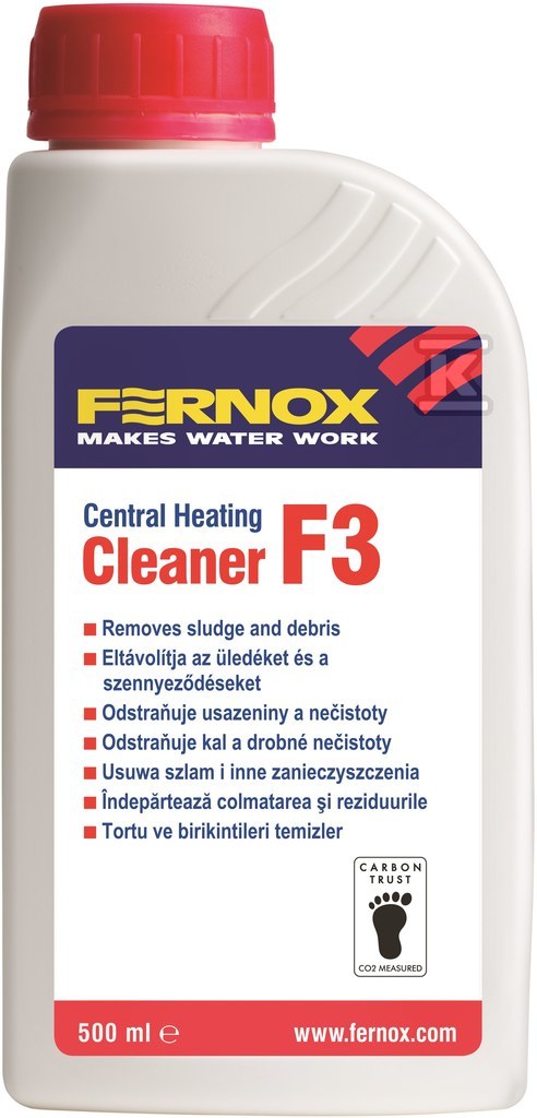 Środek czyszczący, Cleaner FERNOX F3 500 ml, butelka, płyn, preparat, do usuwania zanieczyszczeń pomontażowych oraz wolniejszego oczyszczania instalacji. Do 130L wody, 250m2 ogrzewania podłogowego lub 16-tu grzejników 57762 - obrazek 1
